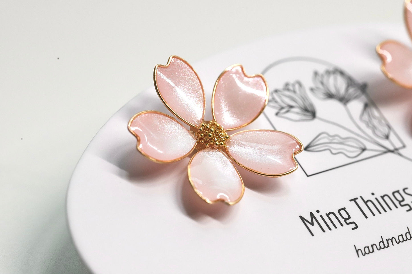 Handmade Wire Resin Cherry Blossom Stud Earrings, Spring Theme Floral Pearlescent Earrings, Romantic Pink Earrings