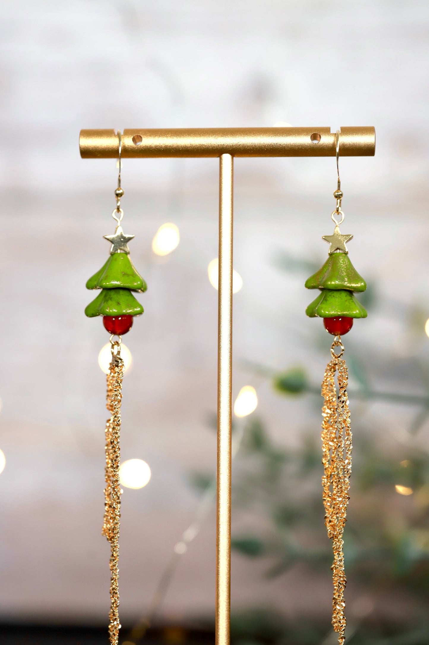 Handmade Czech Bead Christmas Tree Earrings, Holiday Season Accessories, Christmas Outfit, Agate Earrings, Holiday Gift for Ladies