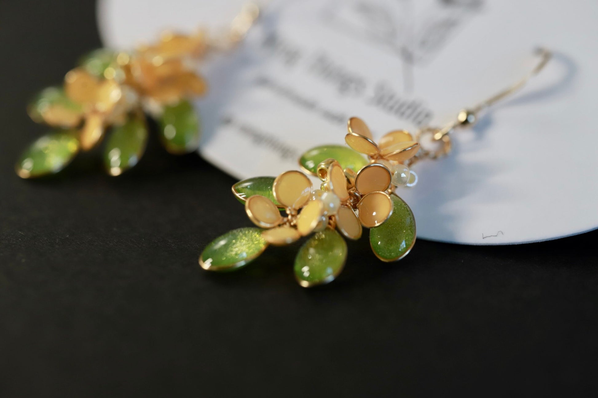 Handmade wire resin osmanthus tea olive earrings, yellow flower green leaves dangle earrings