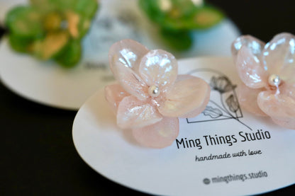 Handmade real flower hydrangea iridescent earrings, real flower resin accessories
