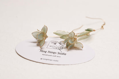 Handmade Wire Resin Sparkling Iris Flower Dangling Earrings, Romantic Earrings for Valentines Day