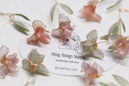 Handmade Wire Resin Sparkling Iris Flower Dangling Earrings, Romantic Earrings for Valentines Day