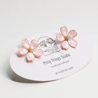 Handmade Wire Resin Cherry Blossom Pearlescent Stud Earrings, Floral Romantic Pink Stud