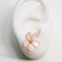 Handmade Wire Resin Cherry Blossom Pearlescent Stud Earrings, Floral Romantic Pink Stud