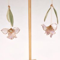 Handmade Resin Iris Flower Dangle Earrings - Romantic Sparkling Jewelry