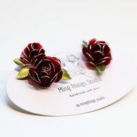 Handmade Wire Resin Rose Stud Earrings, June Birth Flower Accessories, Peony Flower Earrings