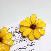 Handmade Wire Resin Daisy Flower/Sunflower Stud Earrings, April Birth Flower, Leo Zodiac Flower