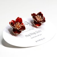 Handmade Wire Resin Camellia Flower Stud Earrings, Floral Pearlescent Earrings, Nature Inspired Romantic Flower Earrings