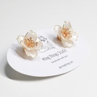 Handmade Wire Resin Camellia Flower Stud Earrings, Floral Pearlescent Earrings, Nature Inspired Romantic Flower Earrings