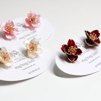 Handmade Wire Resin Camellia Flower Stud Earrings, Floral Pearlescent Earrings, Nature Inspired Romantic Flower Earrings