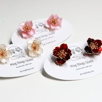 Handmade Wire Resin Camellia Flower Stud Earrings, Floral Pearlescent Earrings, Nature Inspired Romantic Flower Earrings