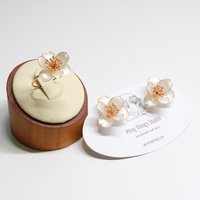 Handmade Camellia Flower Stud Earrings and Adjustable Ring, Nature Inspired Romantic Pearlescent Floral Resin Jewelry, Clip-On Available