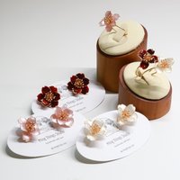 Handmade Camellia Flower Stud Earrings and Adjustable Ring, Nature Inspired Romantic Pearlescent Floral Resin Jewelry, Clip-On Available