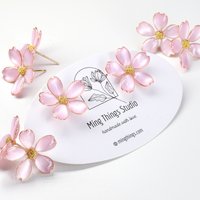 Handmade Wire Resin Cherry Blossom Pearlescent Stud Earrings, Floral Romantic Pink Sakura Stud, Clip On Available