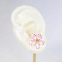 Handmade Wire Resin Cherry Blossom Pearlescent Stud Earrings, Floral Romantic Pink Sakura Stud, Clip On Available