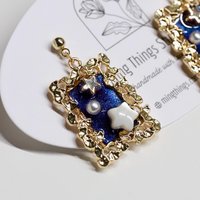 Starry Night Handmade Drop Statement Earrings: Romantic Sapphire Celestial Galaxy Jewelry, Gold & Pearl Stars with Floral Frame Accessories