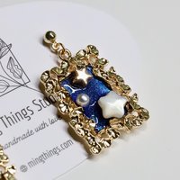 Starry Night Handmade Drop Statement Earrings: Romantic Sapphire Celestial Galaxy Jewelry, Gold & Pearl Stars with Floral Frame Accessories