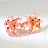 Handmade Wire Resin Lily Flower Stud Earrings, Spring Theme Floral Pearlescent Earrings, Romantic Flower Earrings