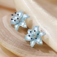 Handmade Wire Resin Lily Flower Stud Earrings, Spring Theme Floral Pearlescent Earrings, Romantic Flower Earrings