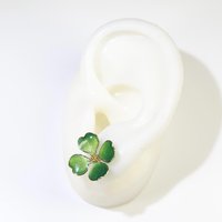 Handmade Four-Leaf Clover Earrings, Sparkling Green Enamel Style Shamrock Studs, Emerald Colored Resin Lucky Charm, St. Patrick’s Day  Gift