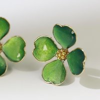 Handmade Four-Leaf Clover Earrings, Sparkling Green Enamel Style Shamrock Studs, Emerald Colored Resin Lucky Charm, St. Patrick’s Day  Gift