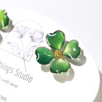 Handmade Four-Leaf Clover Earrings, Sparkling Green Enamel Style Shamrock Studs, Emerald Colored Resin Lucky Charm, St. Patrick’s Day  Gift