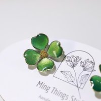 Handmade Four-Leaf Clover Earrings, Sparkling Green Enamel Style Shamrock Studs, Emerald Colored Resin Lucky Charm, St. Patrick’s Day  Gift