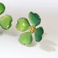 Handmade Four-Leaf Clover Earrings, Sparkling Green Enamel Style Shamrock Studs, Emerald Colored Resin Lucky Charm, St. Patrick’s Day  Gift