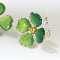 Handmade Four-Leaf Clover Earrings, Sparkling Green Enamel Style Shamrock Studs, Emerald Colored Resin Lucky Charm, St. Patrick’s Day  Gift