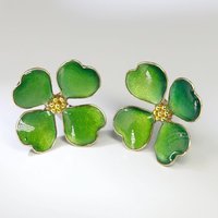 Handmade Four-Leaf Clover Earrings, Sparkling Green Enamel Style Shamrock Studs, Emerald Colored Resin Lucky Charm, St. Patrick’s Day  Gift