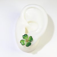 Handmade Four-Leaf Clover Earrings, Sparkling Green Enamel Style Shamrock Studs, Emerald Colored Resin Lucky Charm, St. Patrick’s Day  Gift