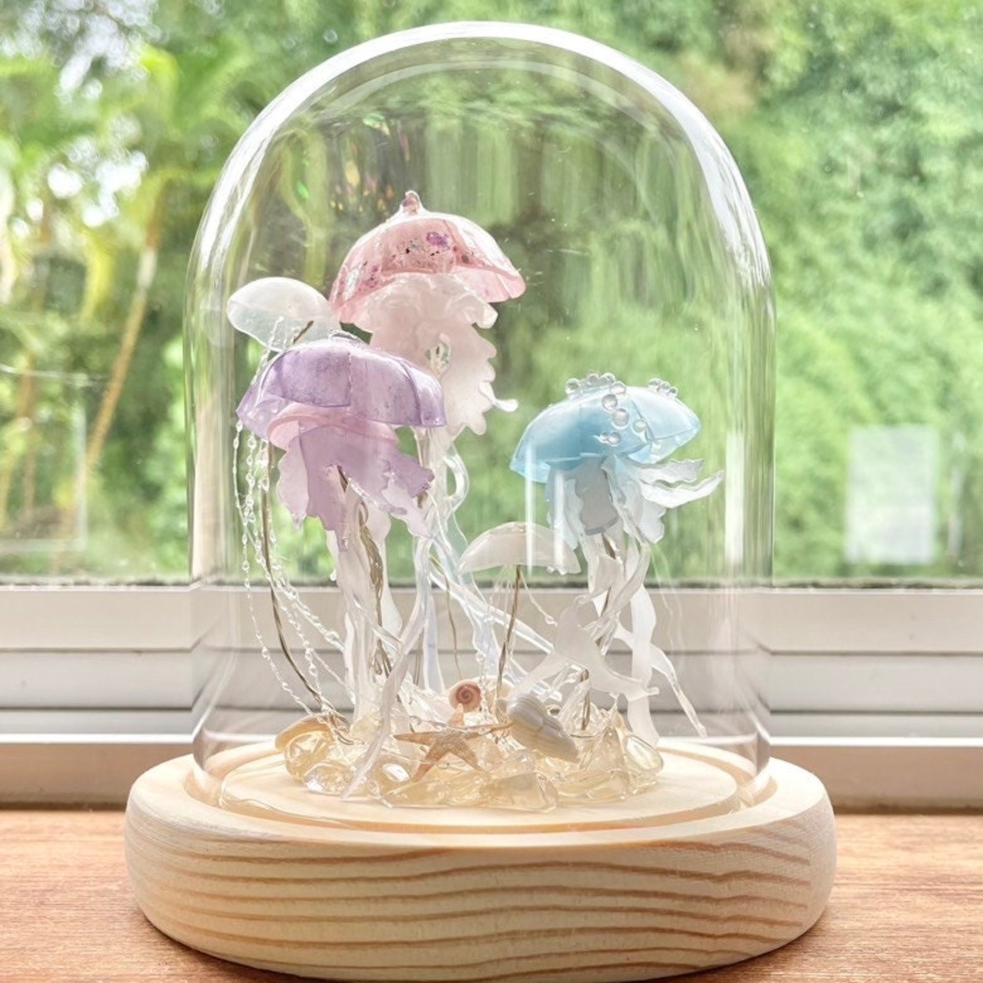 Handmade Jellyfish Night Light Table Lamp - Ocean Themed Tropical Decor Glass Dome