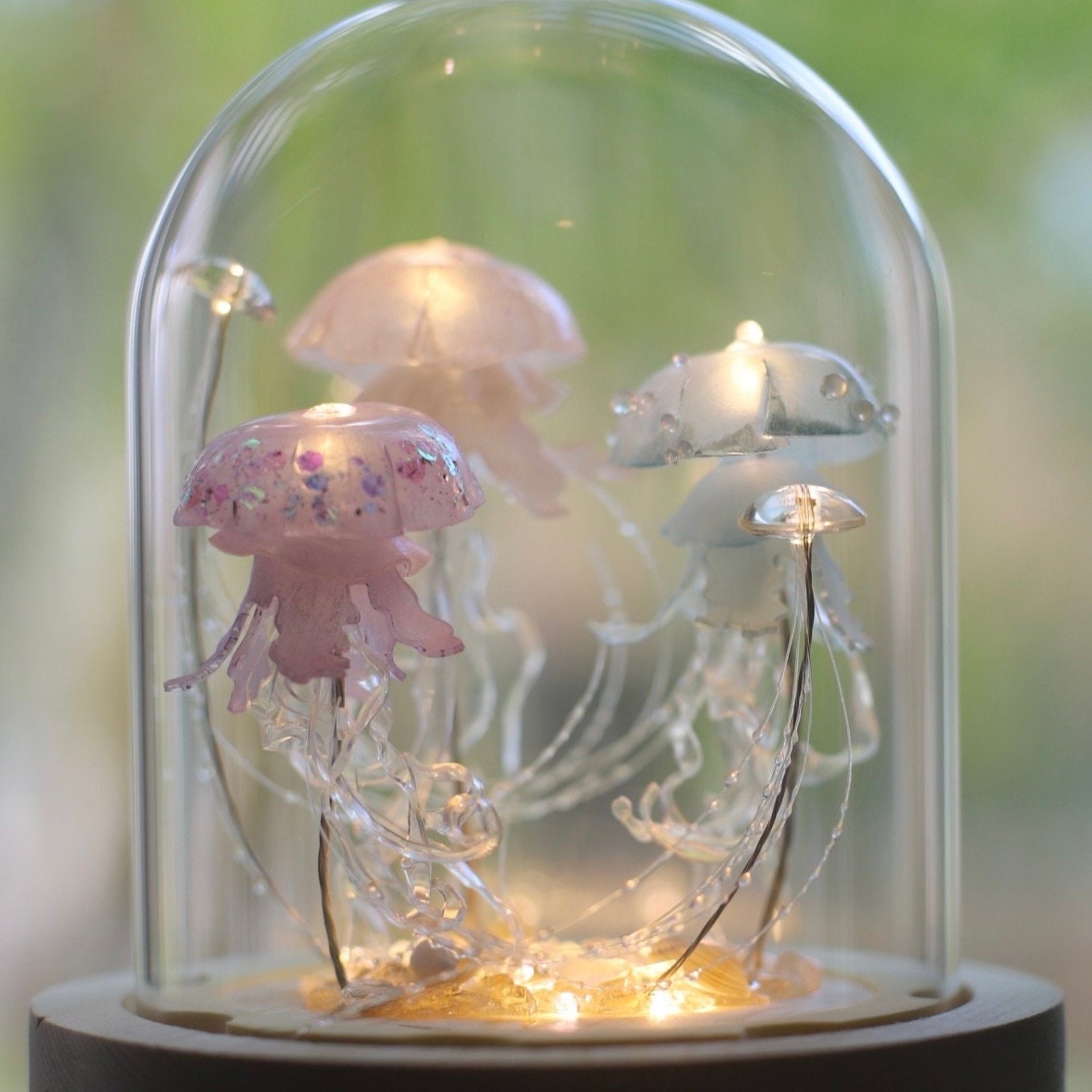 Handmade Jellyfish Night Light Table Lamp - Ocean Themed Tropical Decor Glass Dome