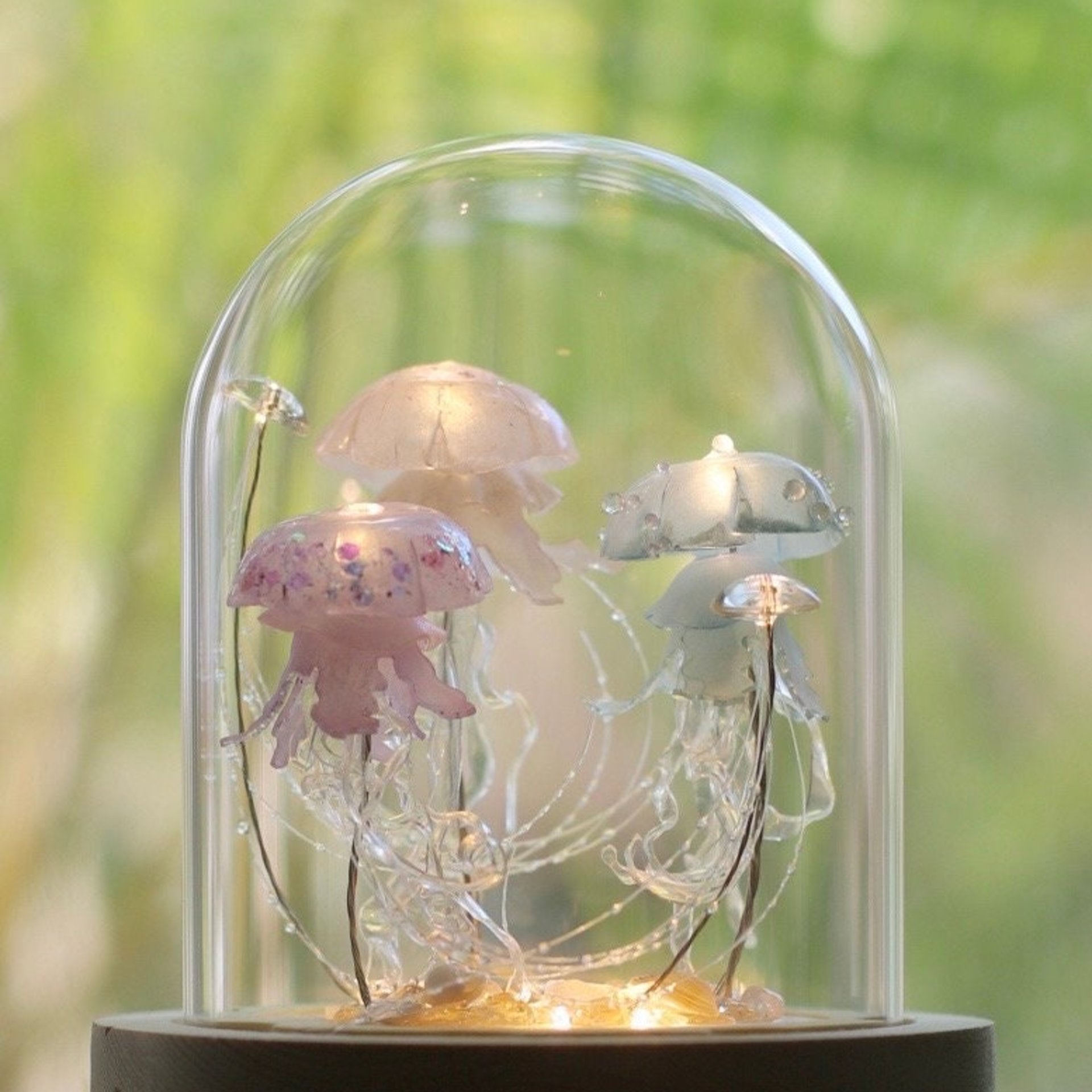 Handmade Jellyfish Night Light Table Lamp - Ocean Themed Tropical Decor Glass Dome