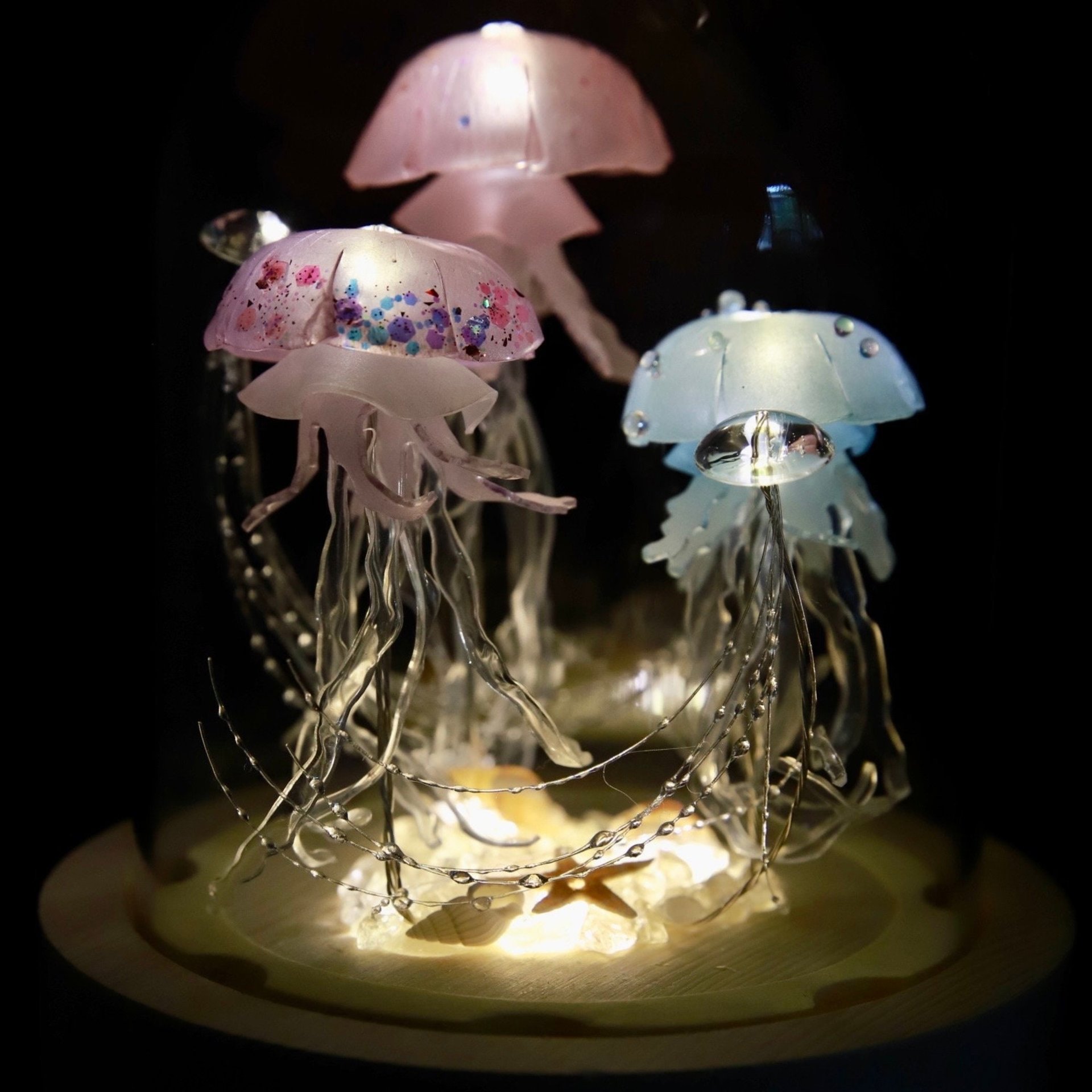 Handmade Jellyfish Night Light Table Lamp - Ocean Themed Tropical Decor Glass Dome