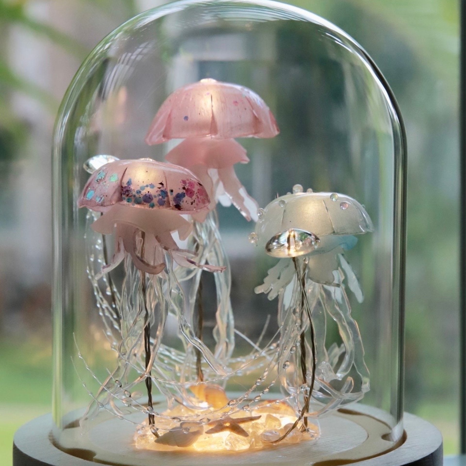 Handmade Jellyfish Night Light Table Lamp - Ocean Themed Tropical Decor Glass Dome