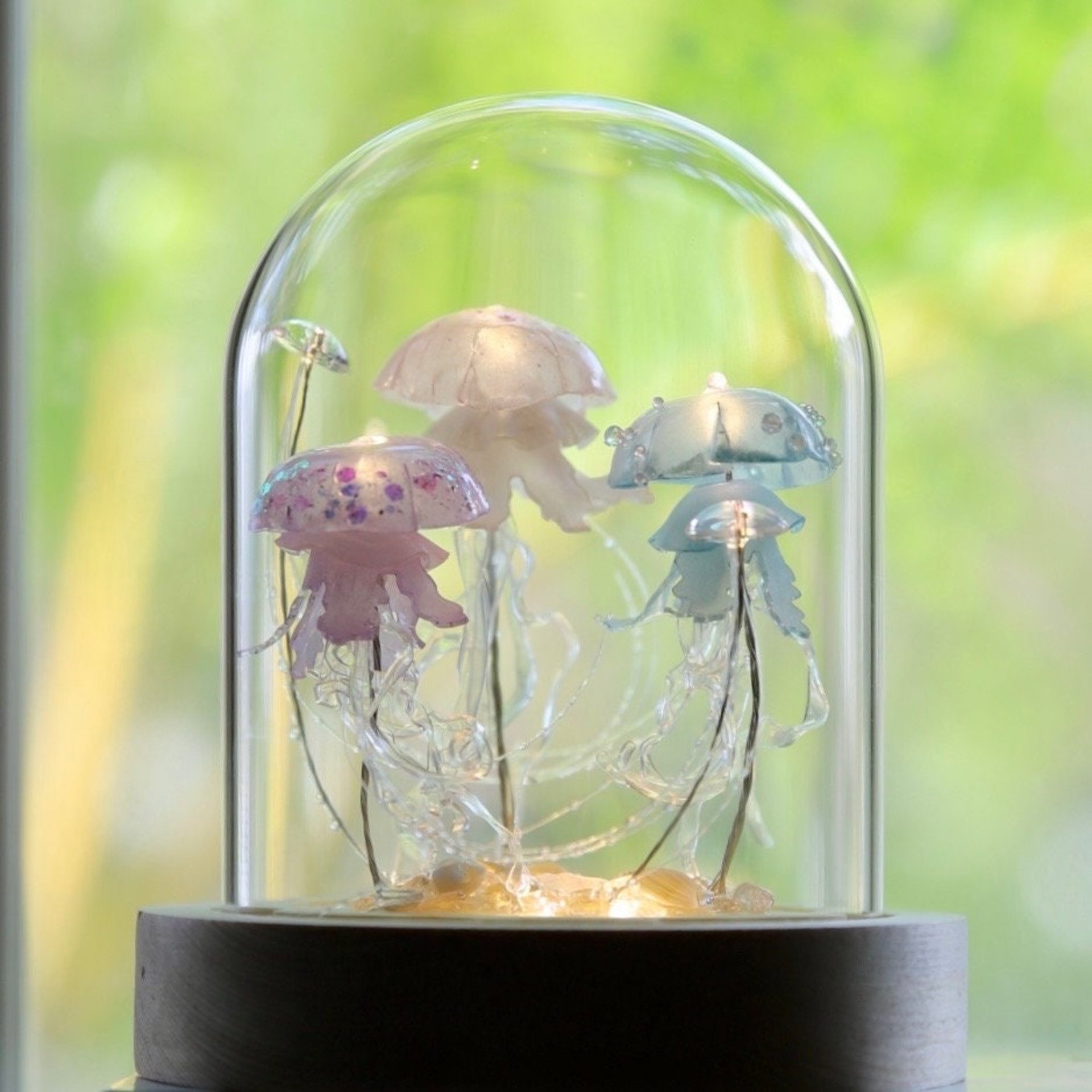 Handmade Jellyfish Night Light Table Lamp - Ocean Themed Tropical Decor Glass Dome