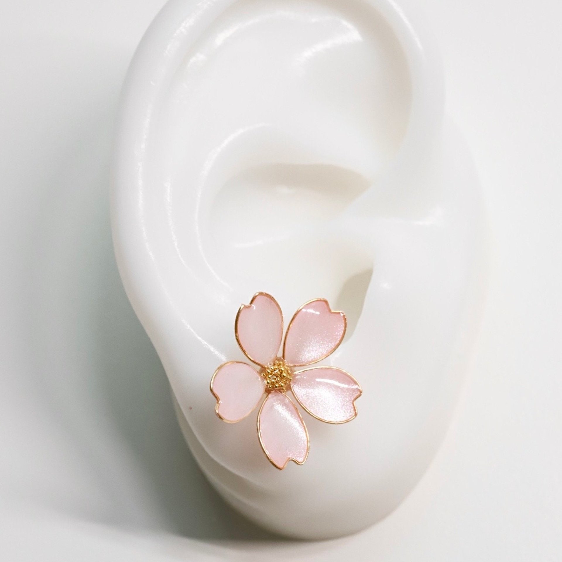 Handmade Wire Resin Cherry Blossom Pearlescent Stud Earrings, Floral Romantic Pink Stud