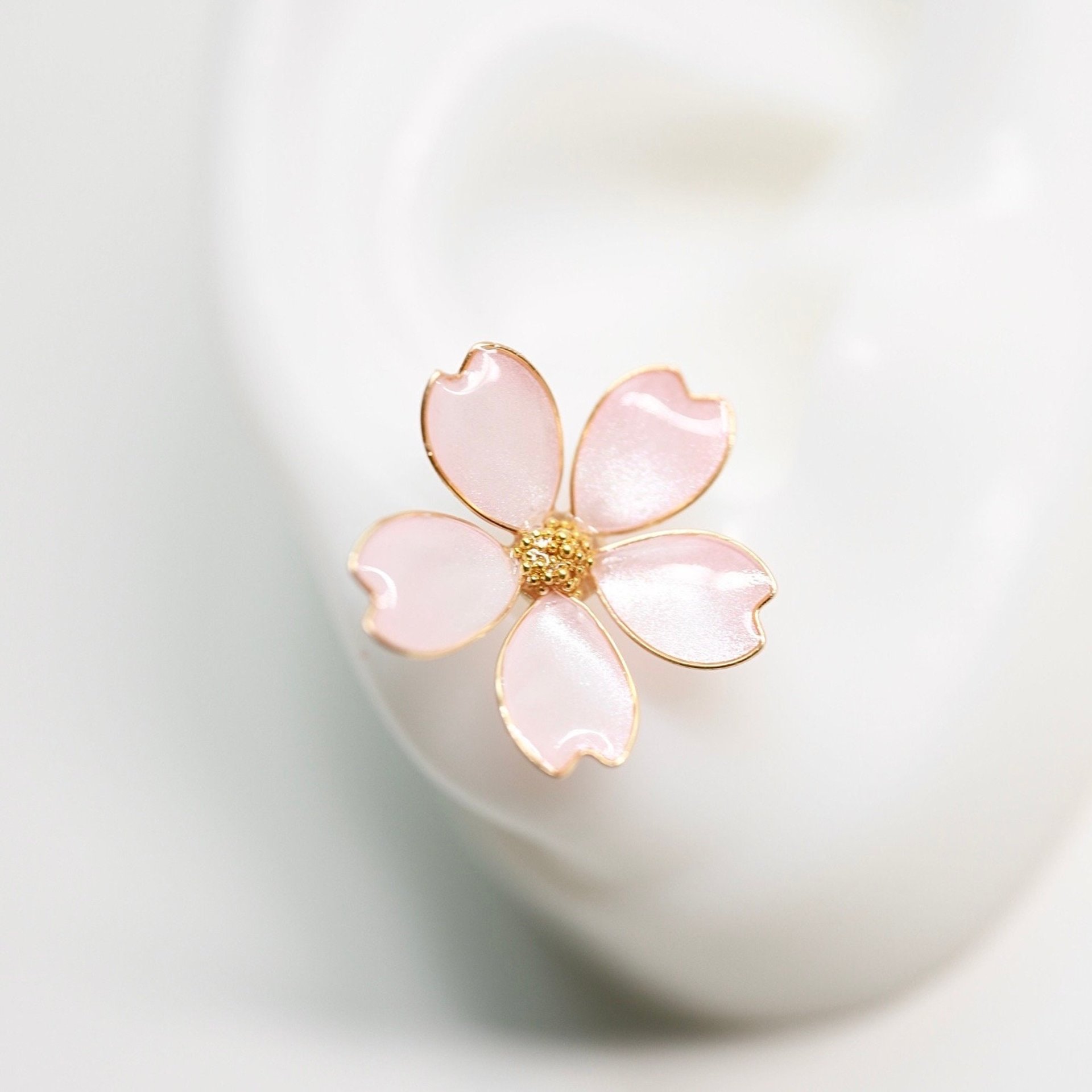 Handmade Wire Resin Cherry Blossom Pearlescent Stud Earrings, Floral Romantic Pink Stud