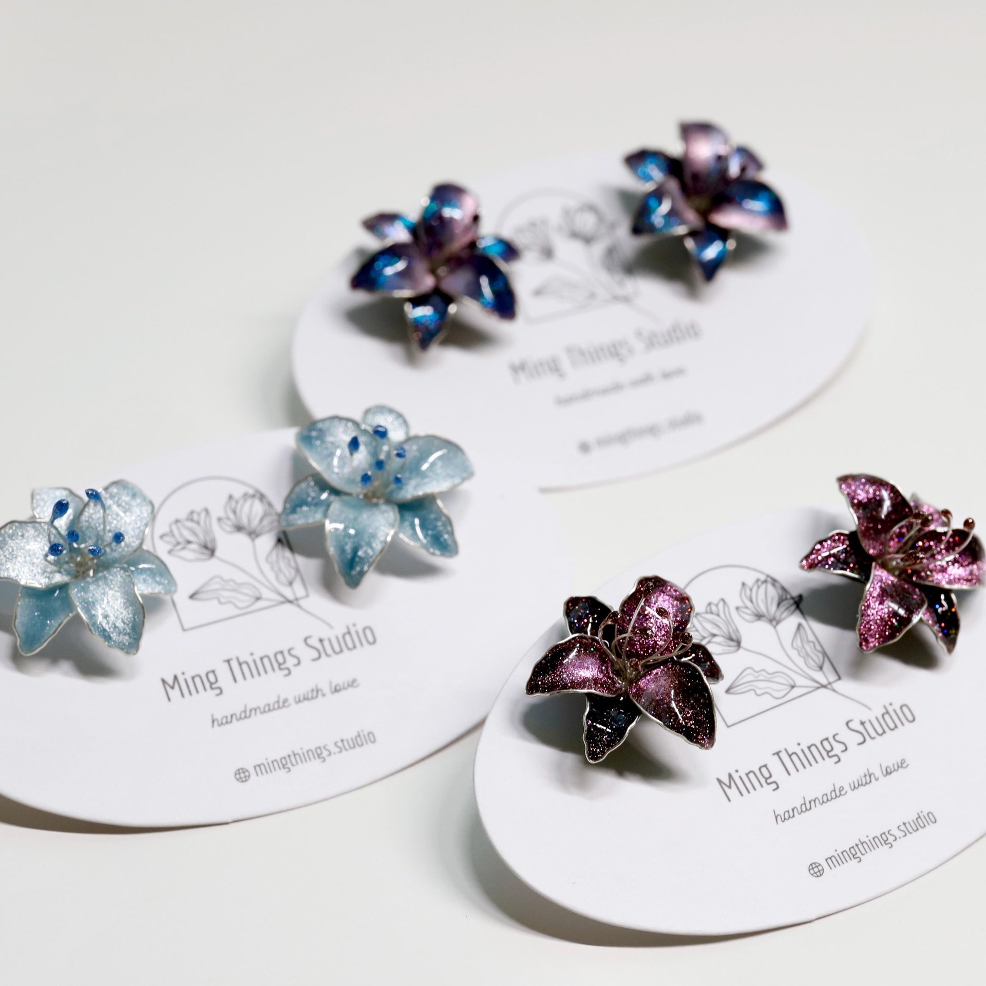 Handmade Wire Resin Sparkling Celestial Lily Flower Stud Earrings