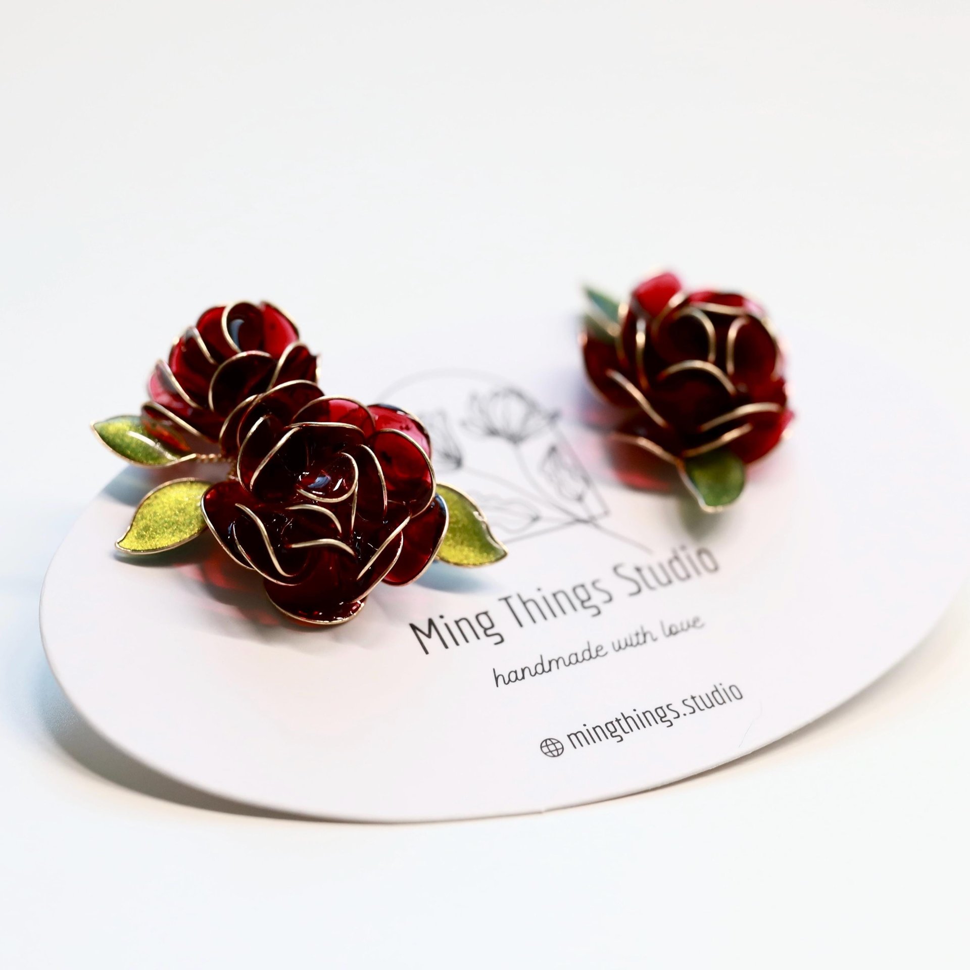Handmade Wire Resin Rose Stud Earrings, June Birth Flower Accessories, Peony Flower Earrings