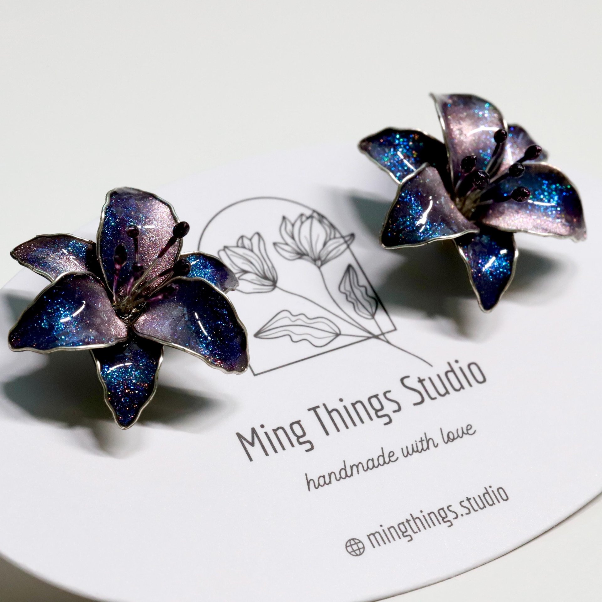 Handmade Wire Resin Sparkling Celestial Lily Flower Stud Earrings