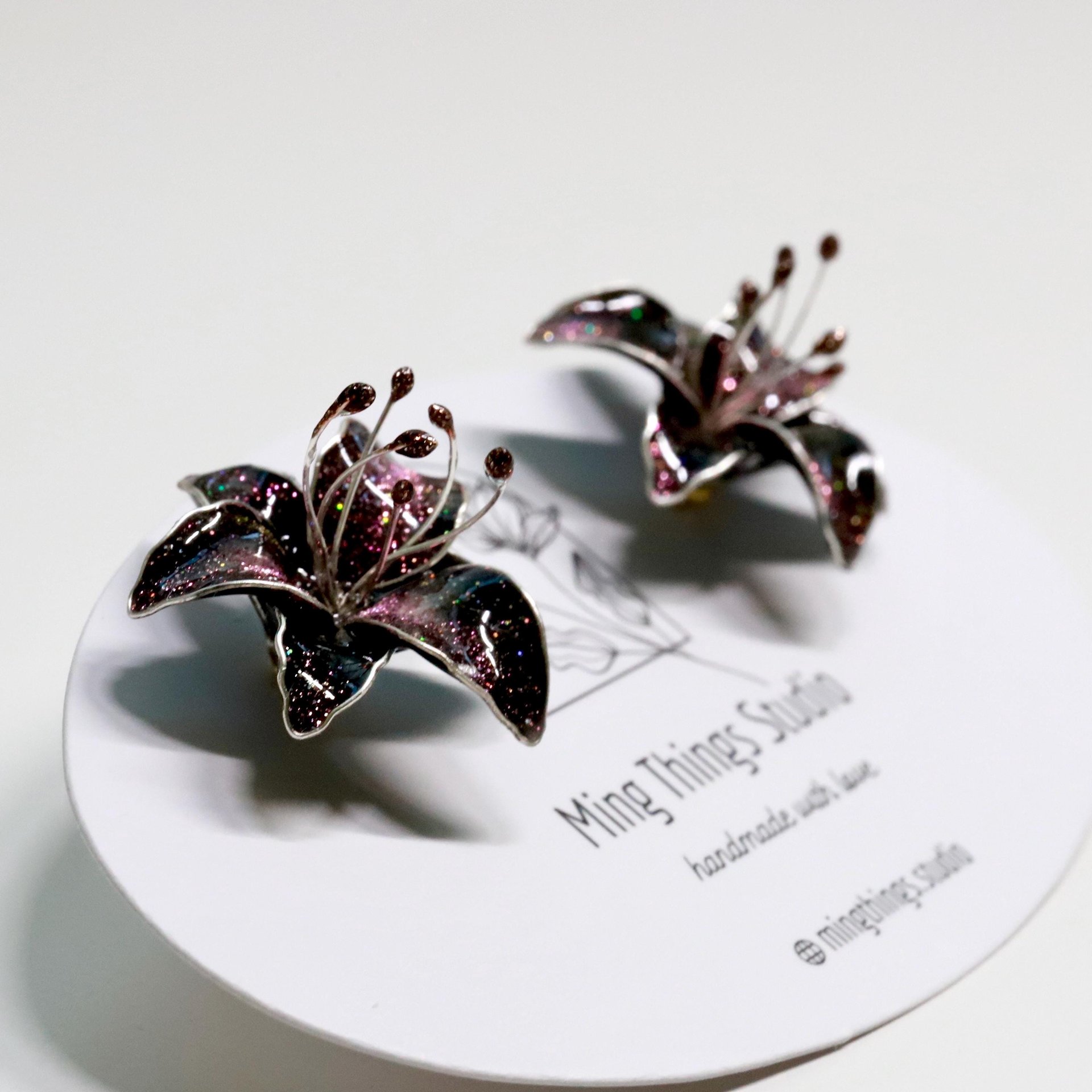Handmade Wire Resin Sparkling Celestial Lily Flower Stud Earrings