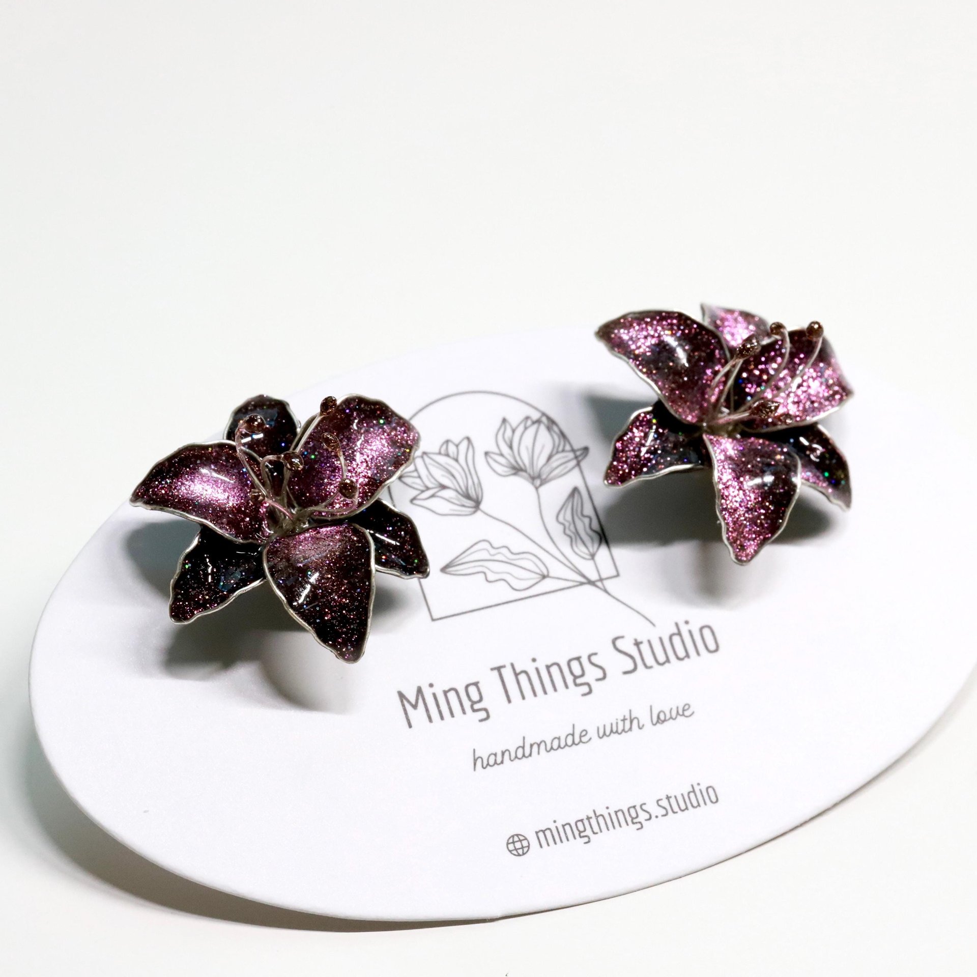 Handmade Wire Resin Sparkling Celestial Lily Flower Stud Earrings