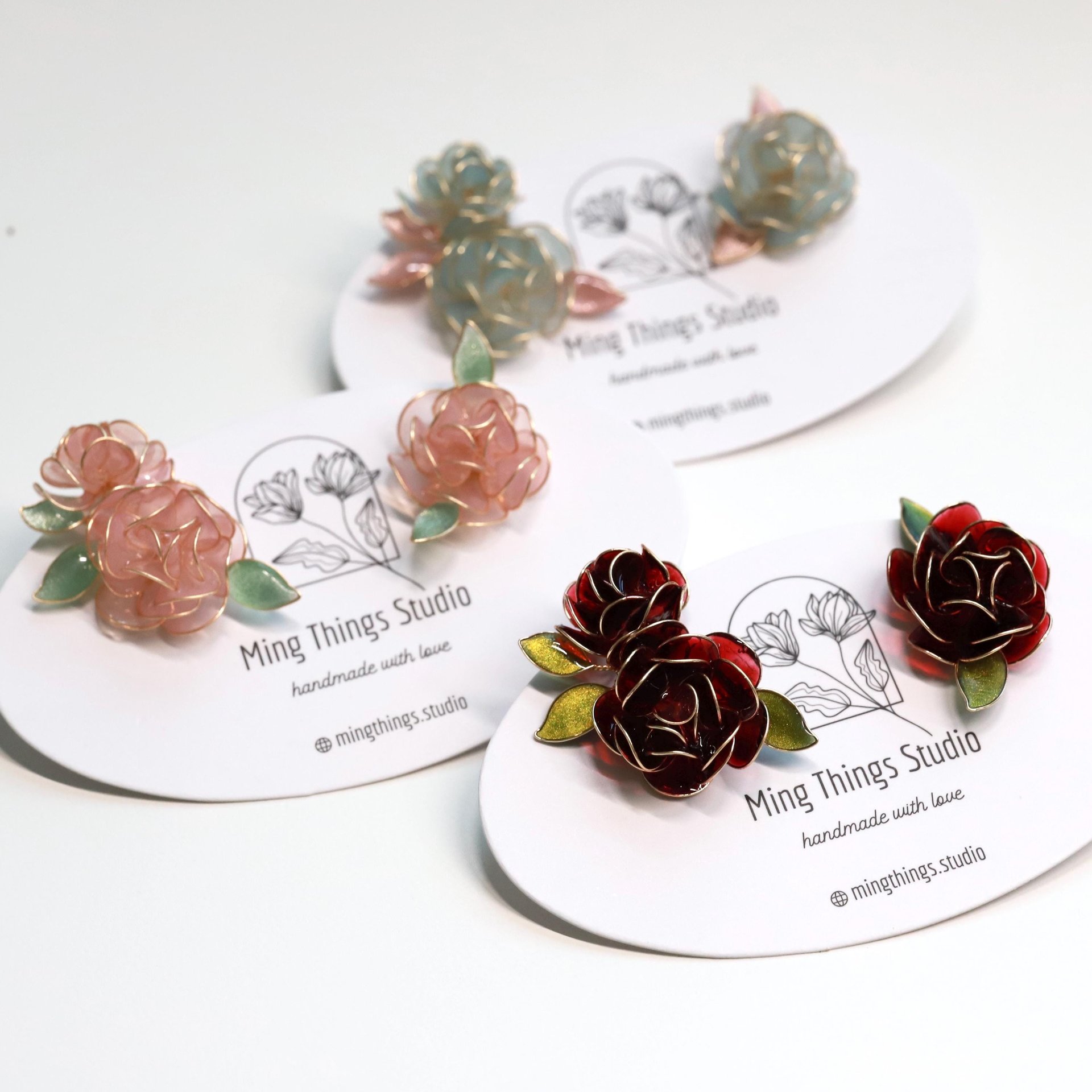 Handmade Wire Resin Rose Stud Earrings, June Birth Flower Accessories, Peony Flower Earrings