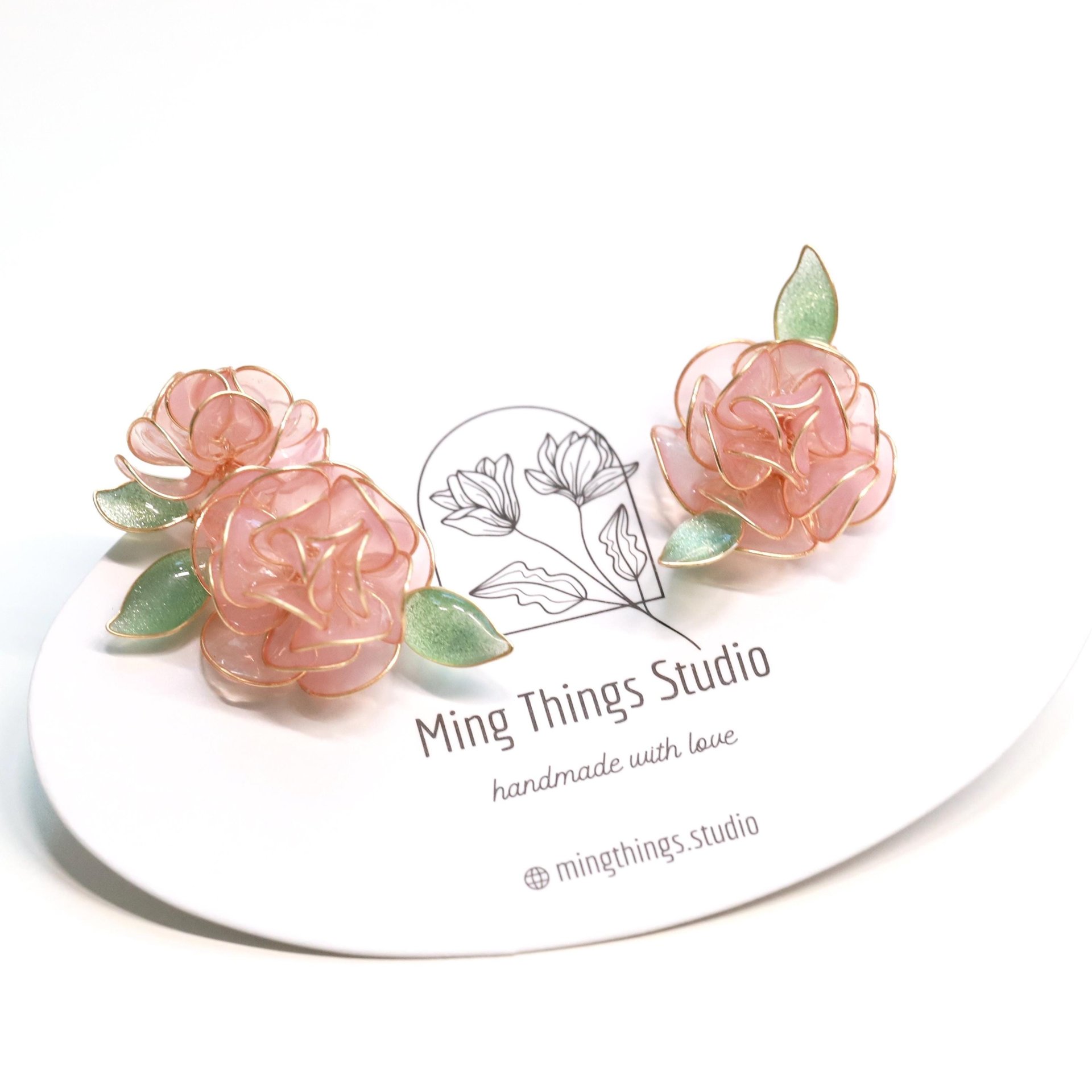 Handmade Wire Resin Rose Stud Earrings, June Birth Flower Accessories, Peony Flower Earrings