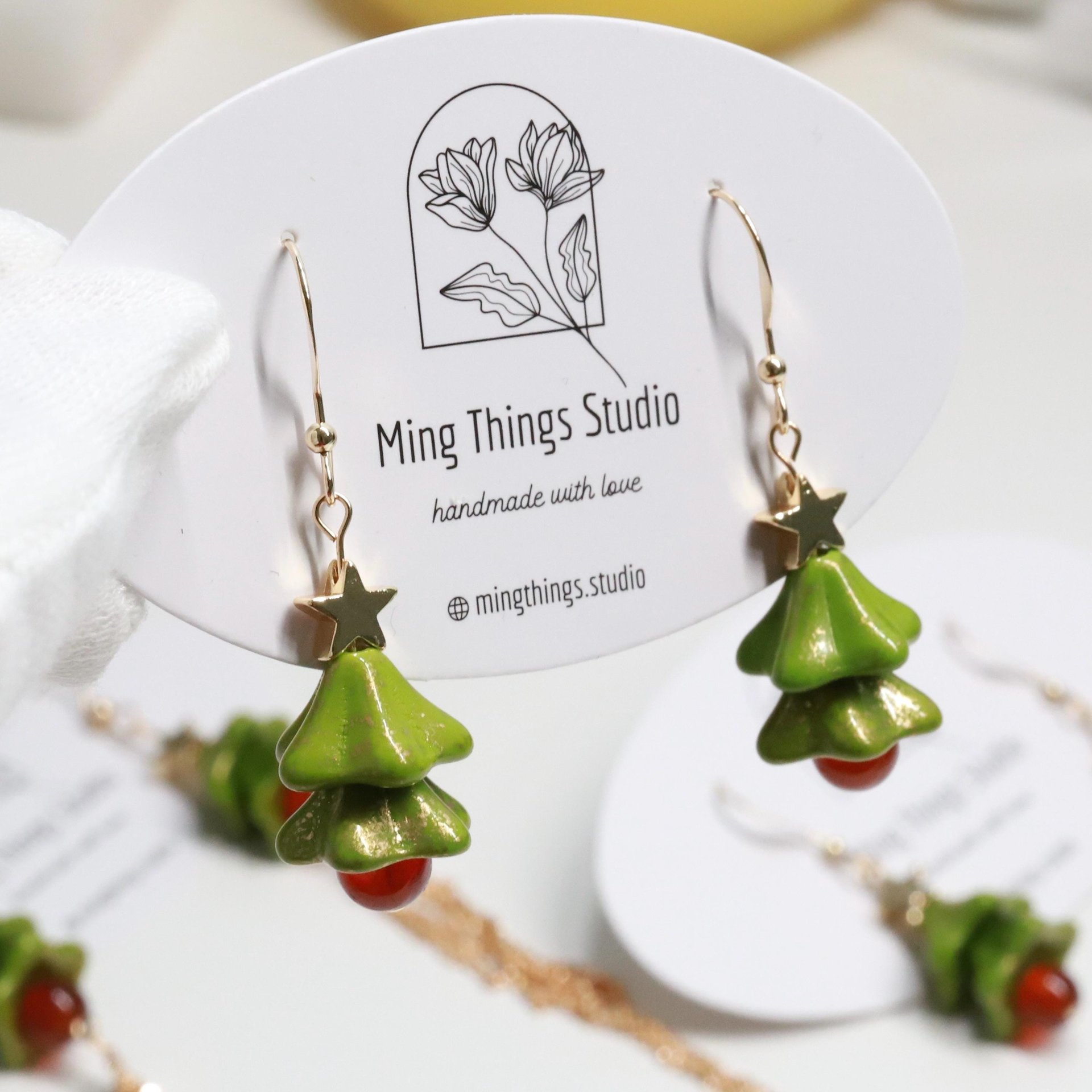 Handmade Christmas Tree Earrings, Holiday Season Accessories, Christmas Outfit, Czech Bead and Agate Earrings