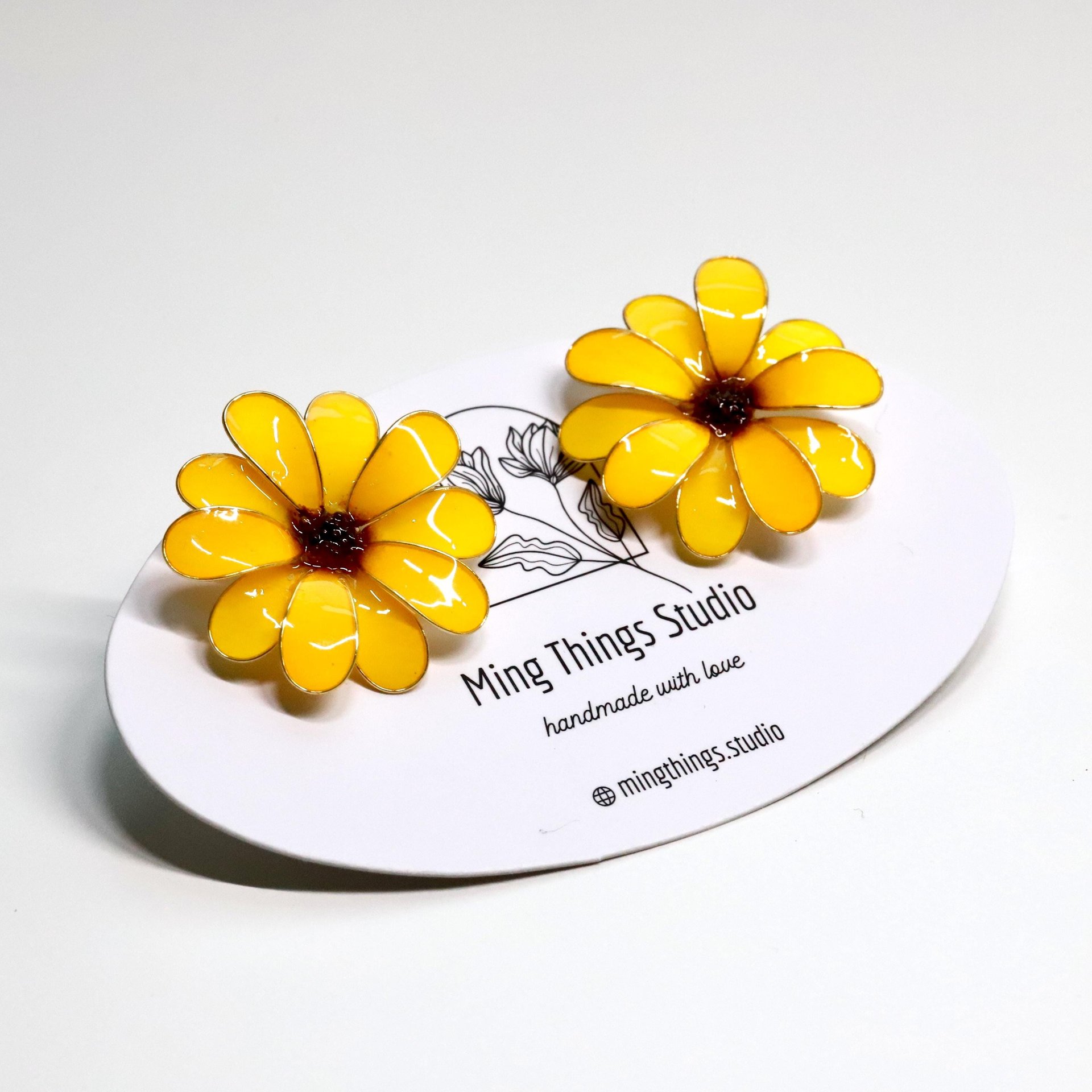 Handmade Wire Resin Daisy Flower/Sunflower Stud Earrings, April Birth Flower, Leo Zodiac Flower