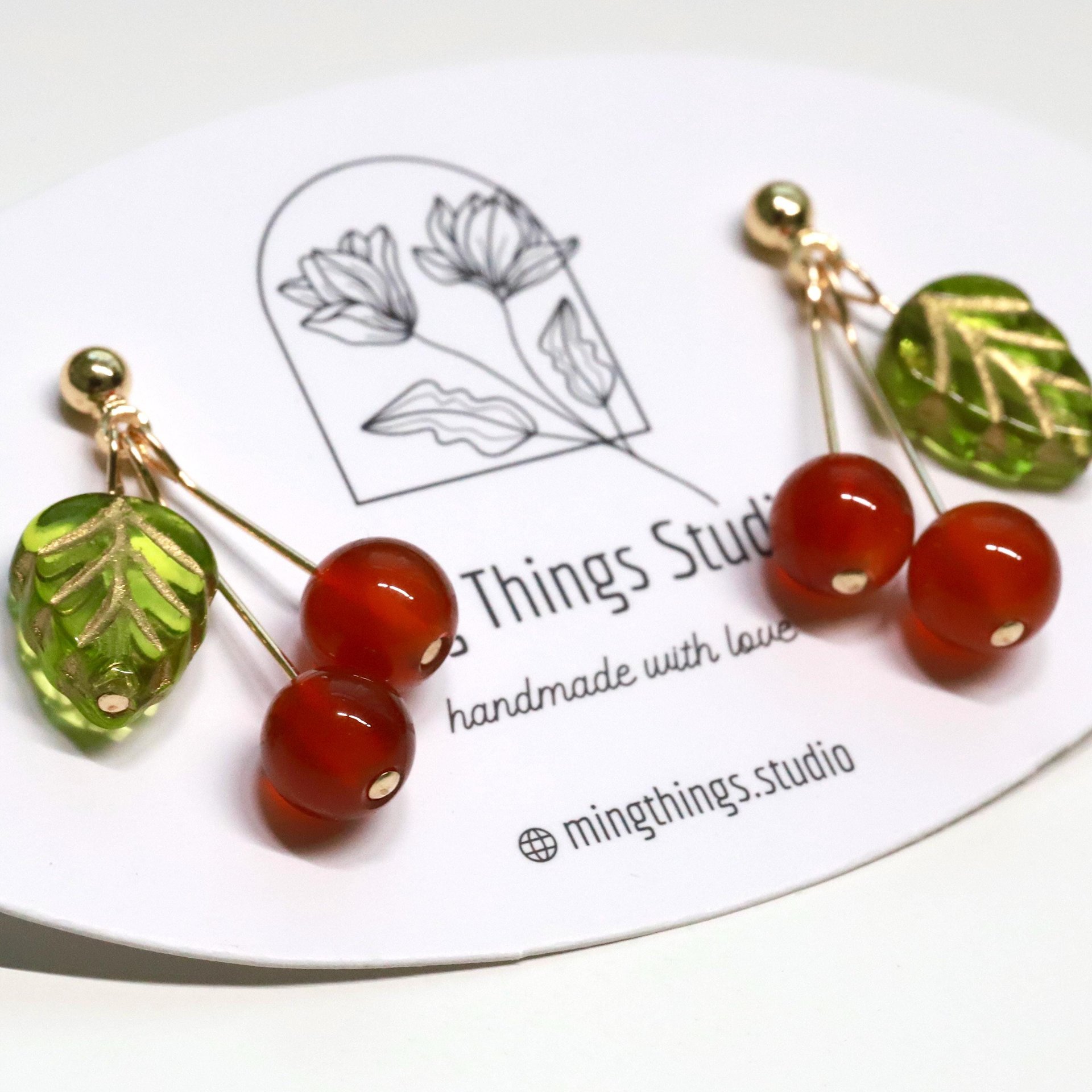 Handmade Red Cherry Fruit Earrings - Unique Agate Natural Gemstone & Czech Bead Jewelry for Holiday Outfits