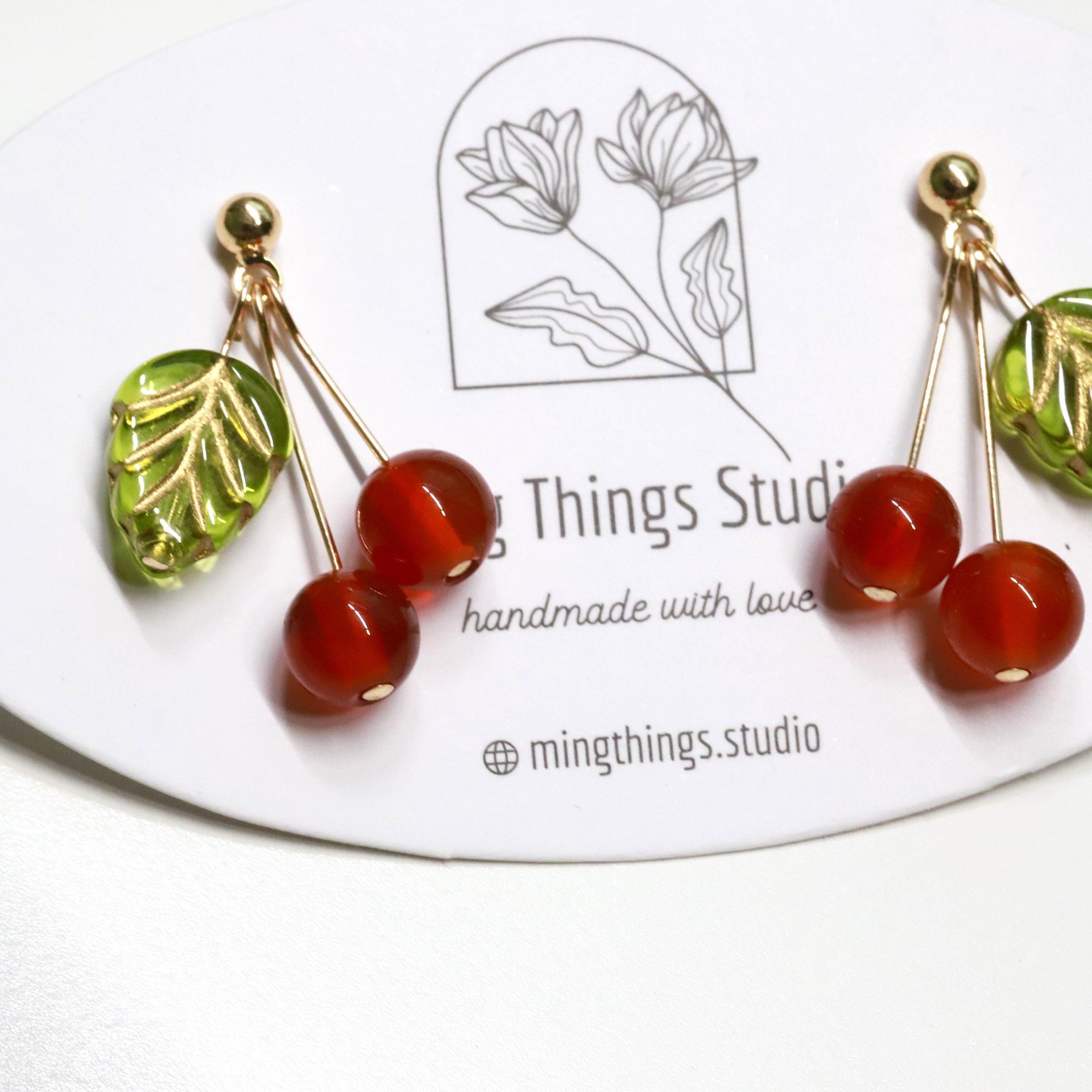 Handmade Red Cherry Fruit Earrings - Unique Agate Natural Gemstone & Czech Bead Jewelry for Holiday Outfits